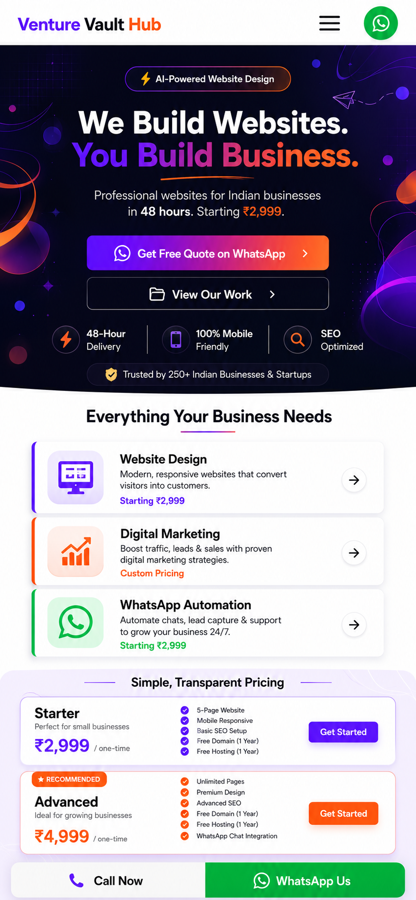 Mobile view of a Venture Vault Hub website